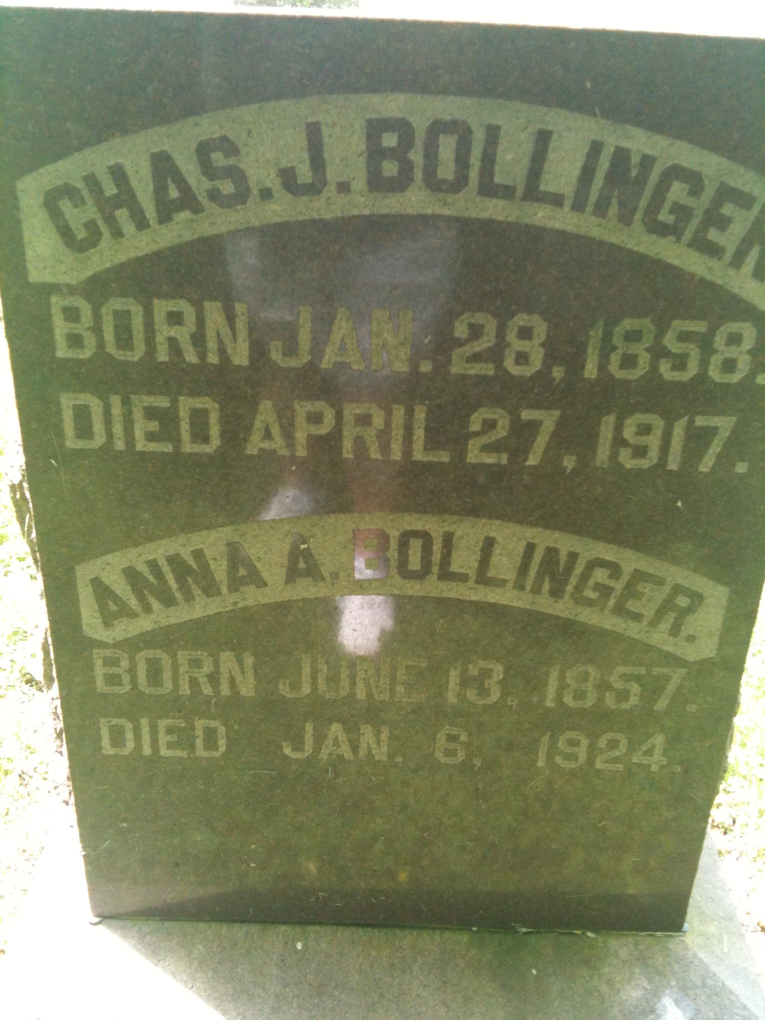 Charles J. and Anna A. Bollinger Headstone