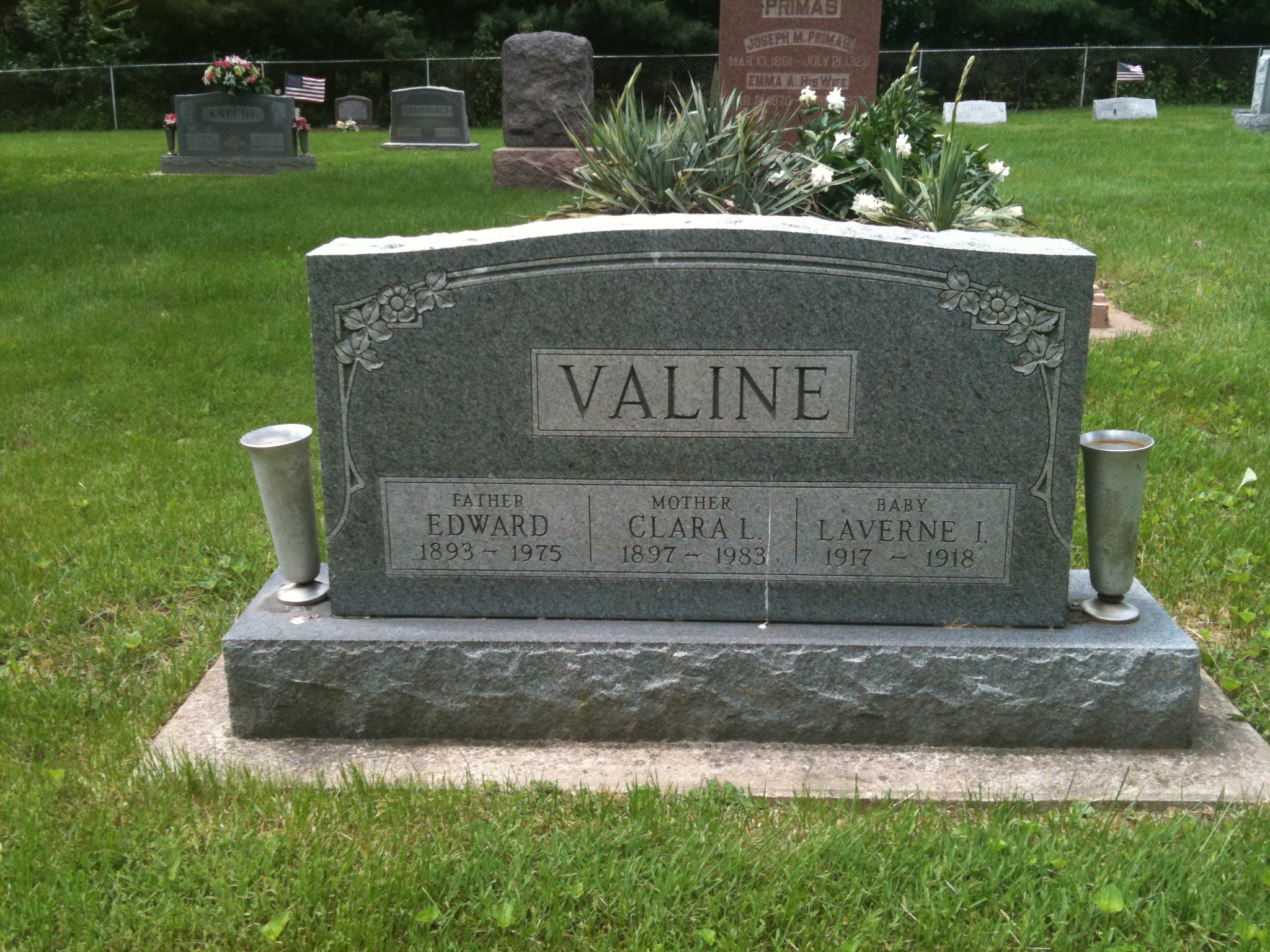 Edward, Clara L. and Laverne L. Valine Headstone