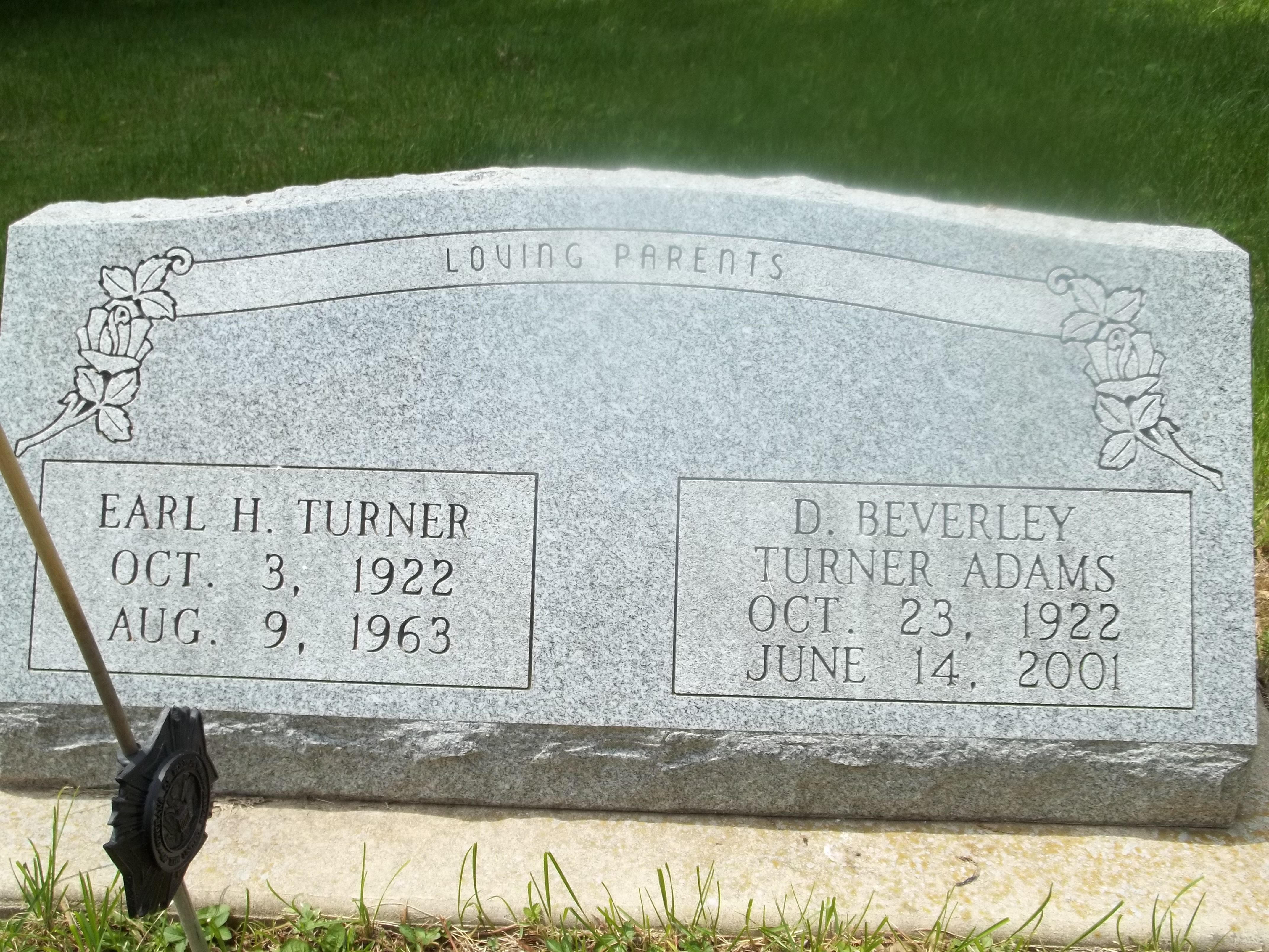 Earl H. Turner and Beverley Turner Adams Headstone